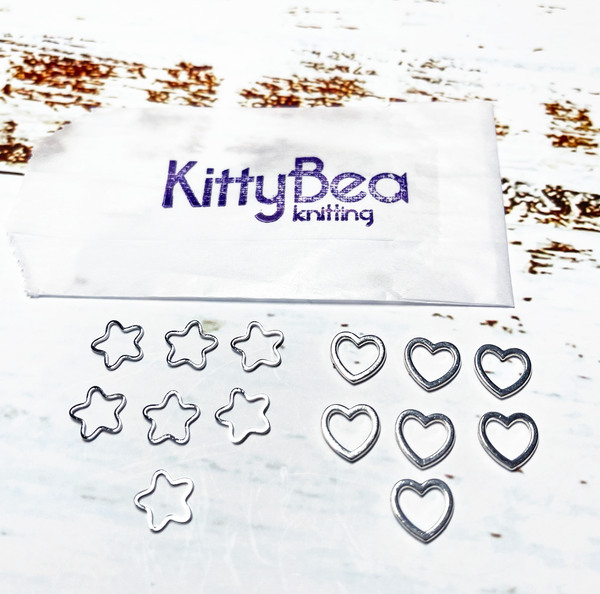 KittyBea Knitting Metal Stitch Markers Heart Flower Star Silver Snagless Snag-free