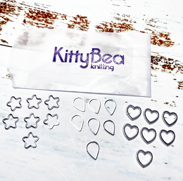 KittyBea Knitting Metal Stitch Markers Heart Teardrop Flower Star Silver Snagless Snag-free
