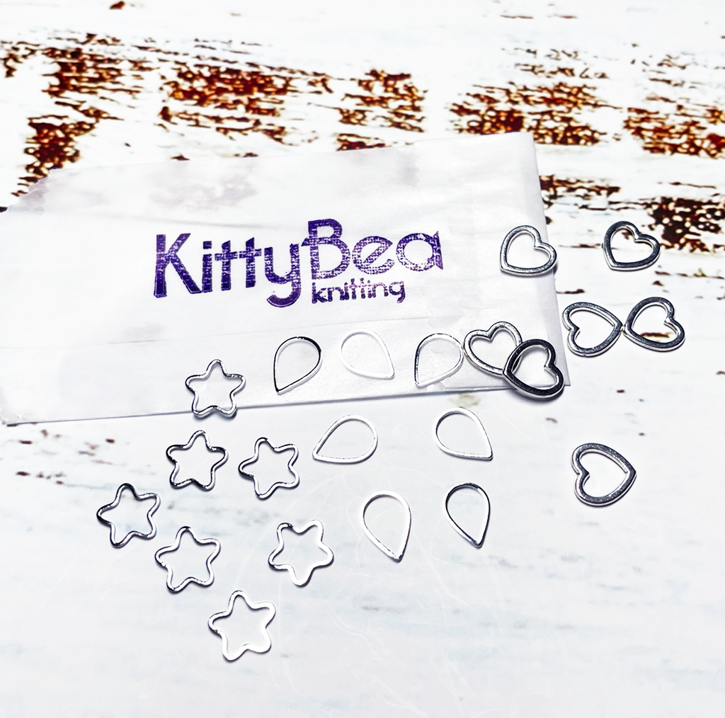 KittyBea Knitting Metal Stitch Markers Heart Teardrop Flower Star Silv