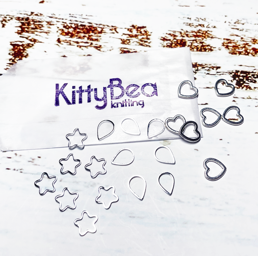 KittyBea Knitting Metal Stitch Markers Heart Teardrop Flower Star Silver Snagless Snag-free